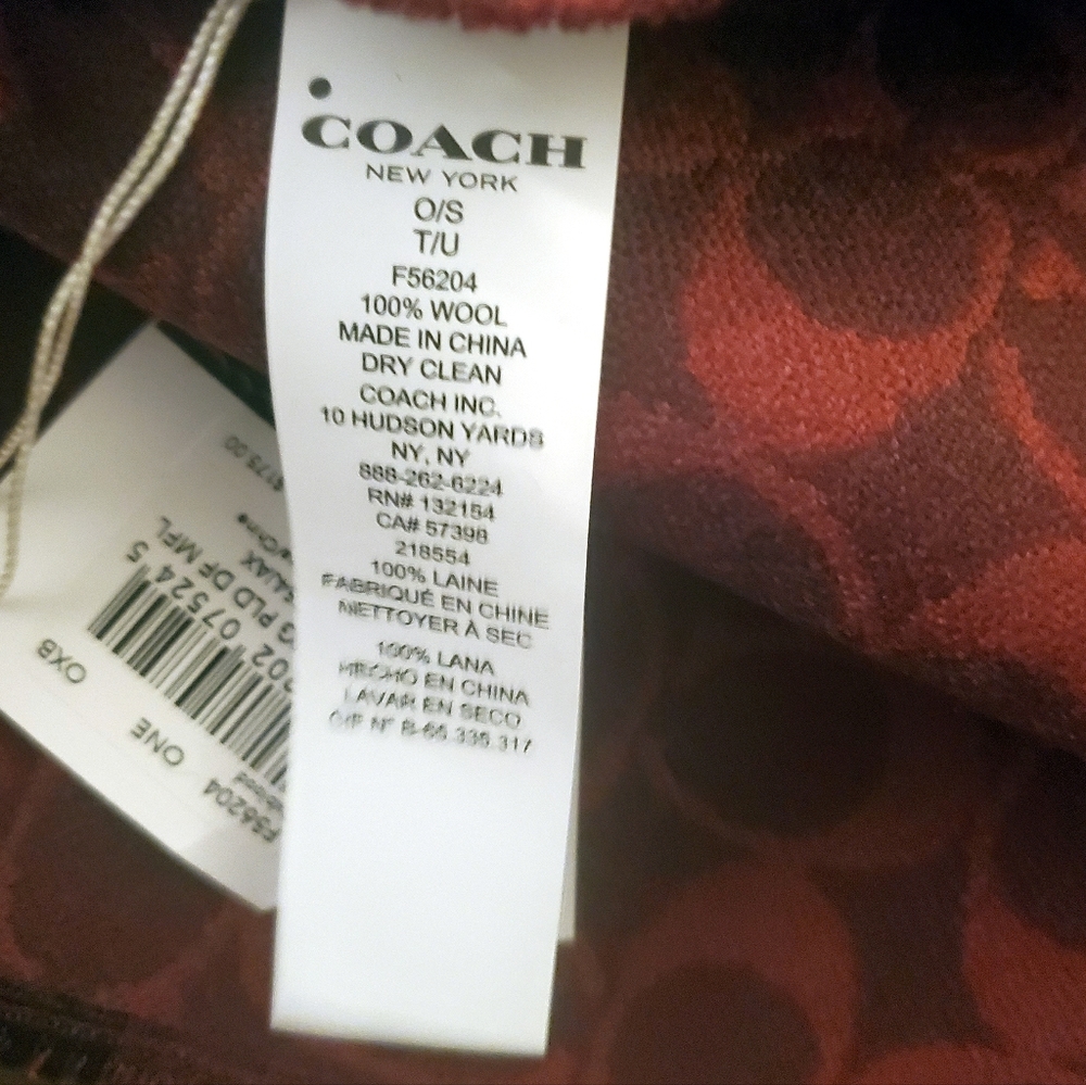 Coach reversible scarf red coach logo red black plaid 100% wool NWT - Picture 3 of 3